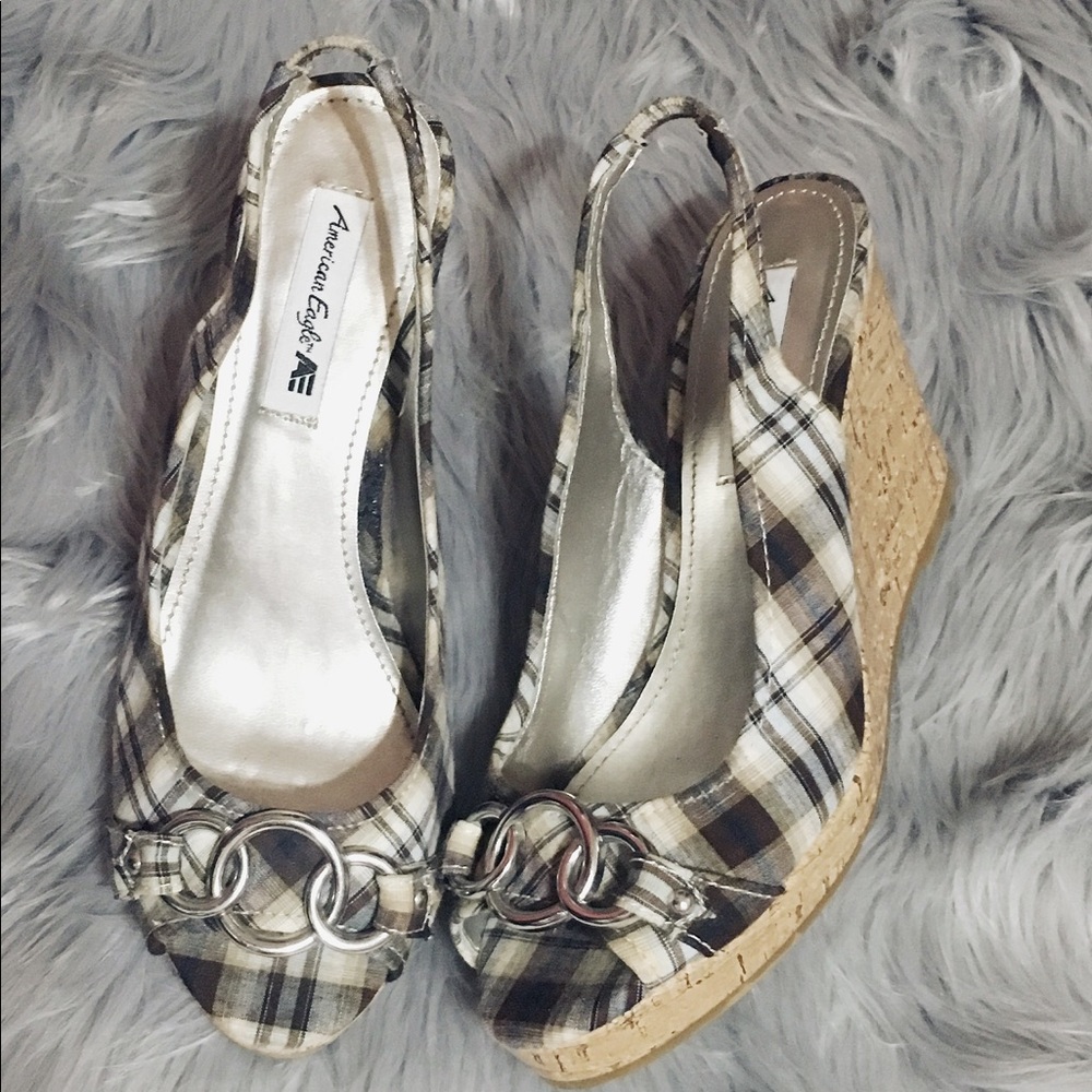 {American Eagle} Trendy Plaid Peep-toe Cork Wedges